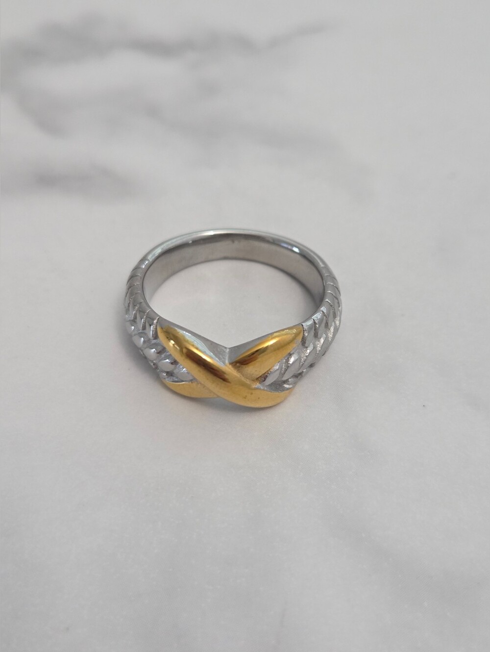 Two Tone Crossover X Band Ring Silver Gold Textured Statement Ring Size 8